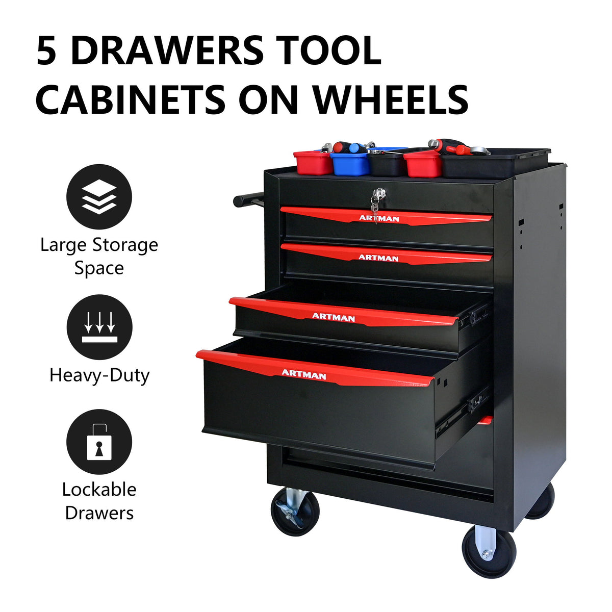 Rolling Metal Tool Chest With Drawers, Steel Storage Cabinet With Ball Bearing Slides