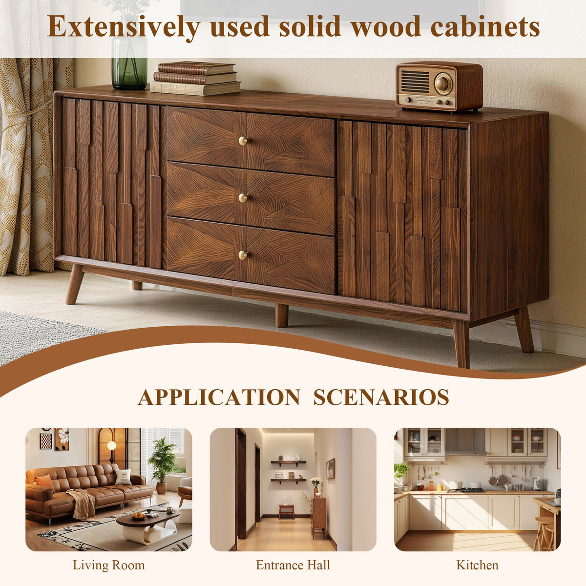 Sideboard Buffet Cabinet With 3 Drawers And 2 Storage Cabinets - Walnut