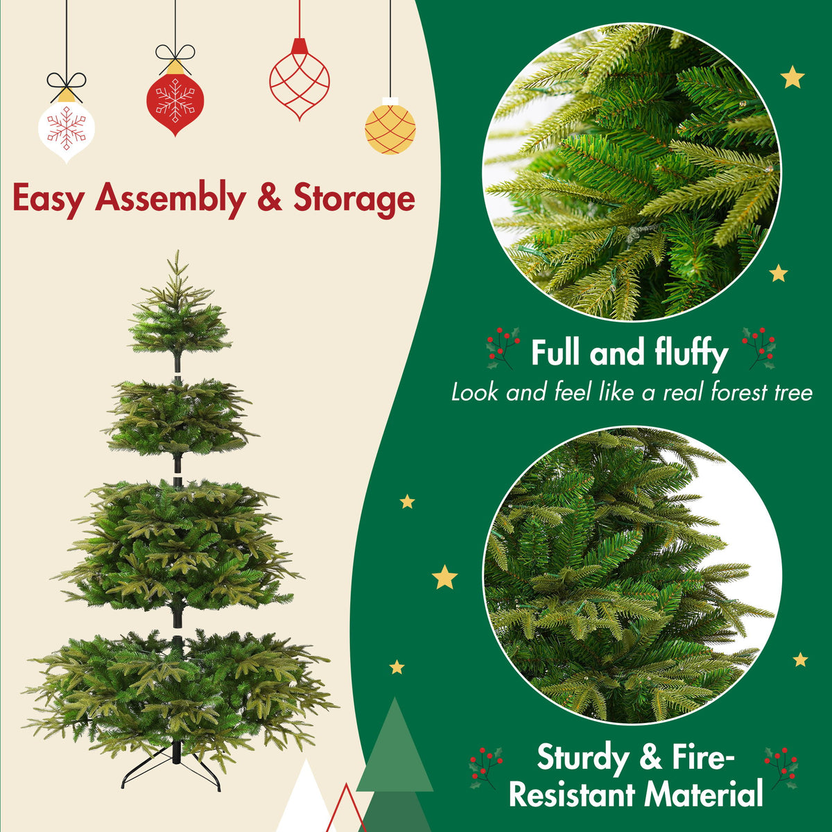 7.5Ft Premium Life Like Full Flocked Christmas Tree With Stand, Fire Resistant Tips, Warm & Colorful LED Lights - Green