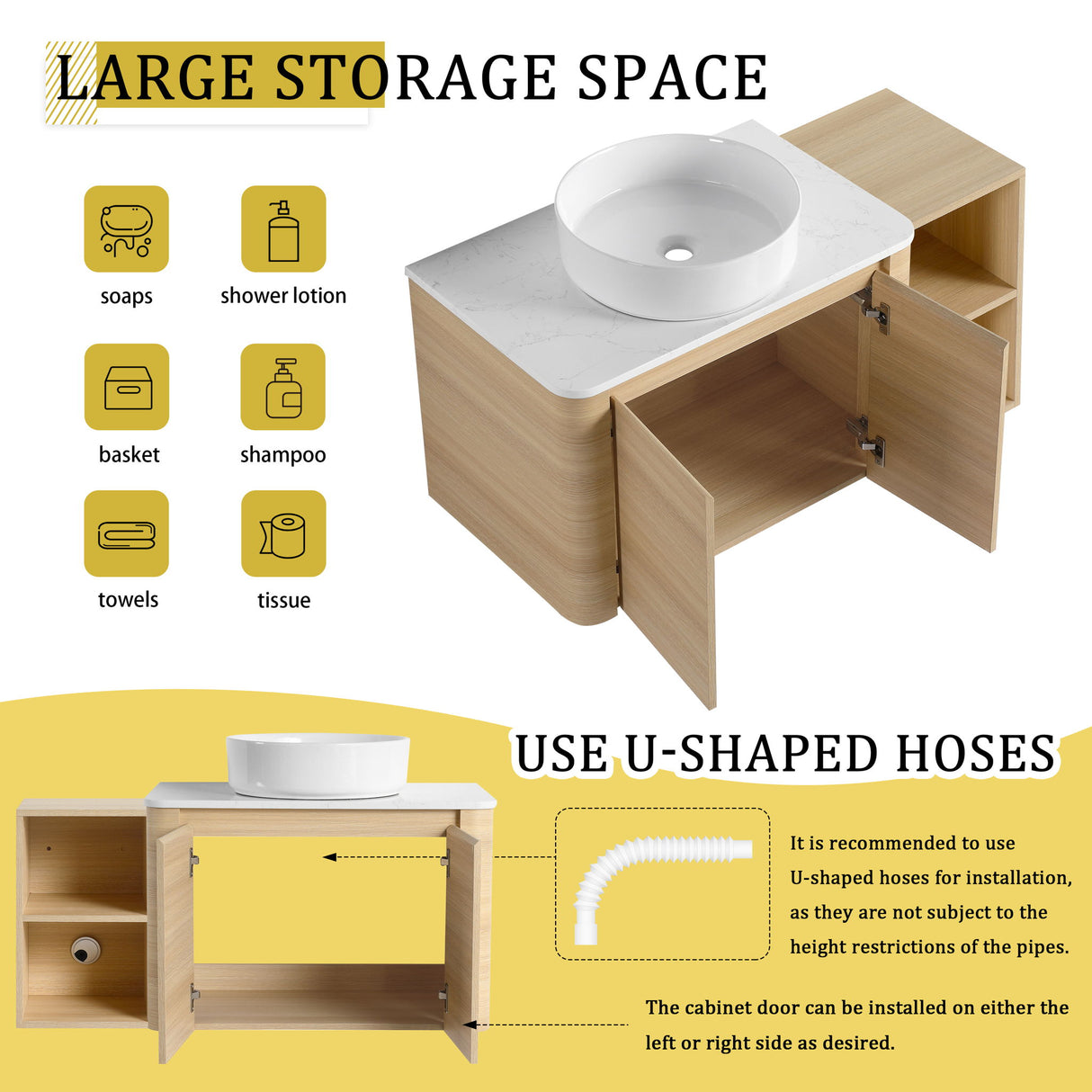 Mounted Bathroom Vanity With Art Sink, Storage Shelves, Soft Close Door