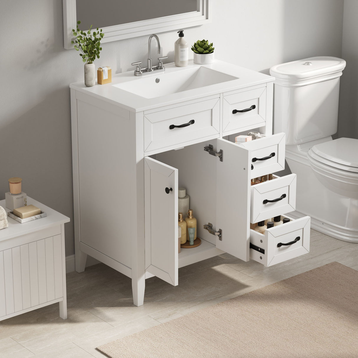 Bathroom Vanity With Sink, Freestanding Design, Soft Close Doors & Drawers - White
