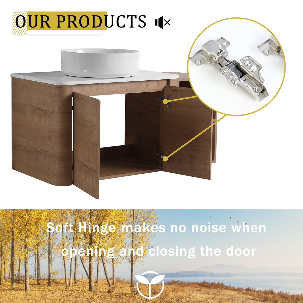 Wall Mounted Bathroom Vanity With Art Sink, 1 Storage Shelf, 2 Soft Close Doors