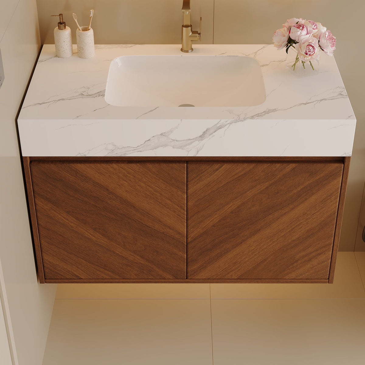 Wall Mounted Bathroom Vanity With Sink, Soft Close - Walnut / White