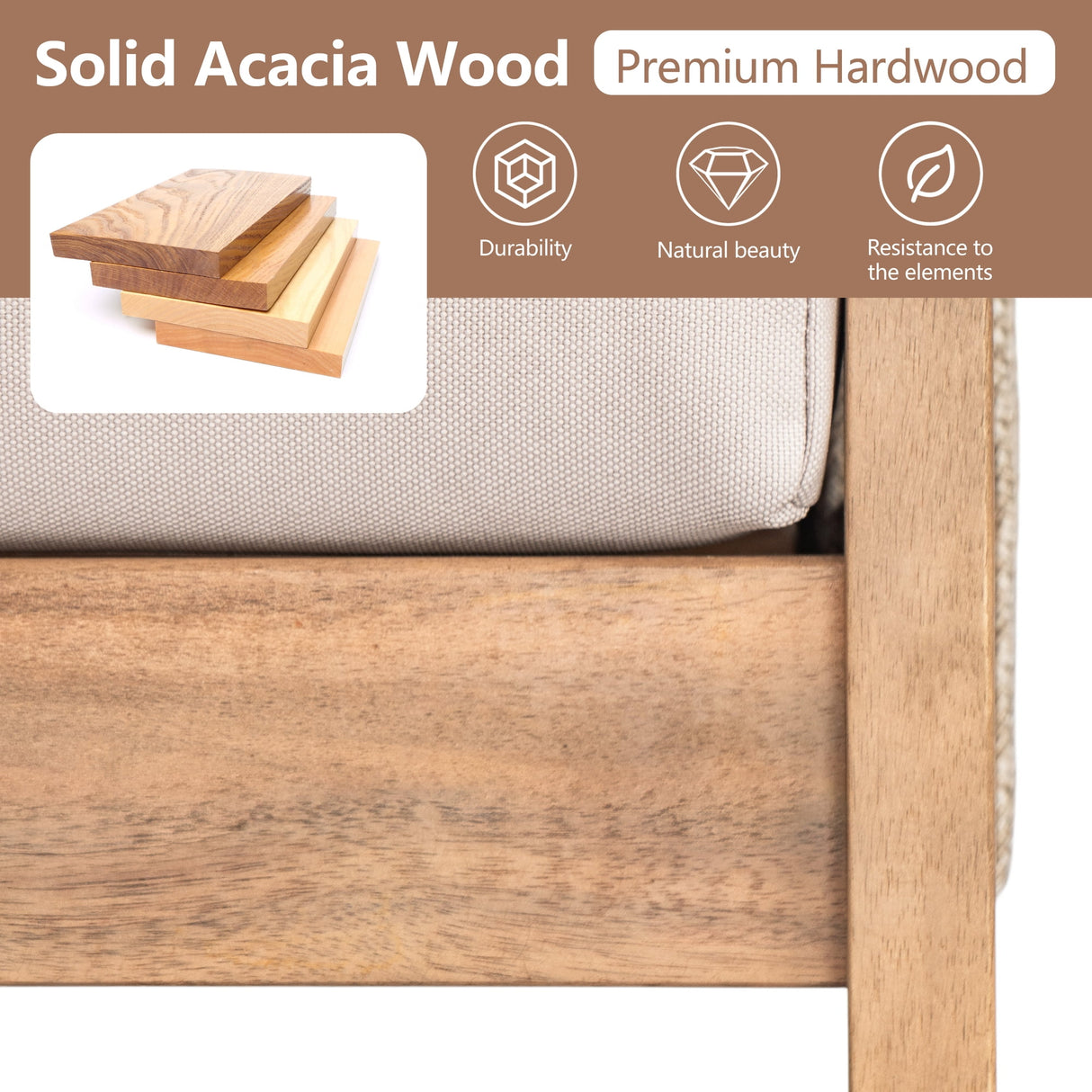 4-Piece Acacia Wood & Rope Patio Sectional Sofa Set