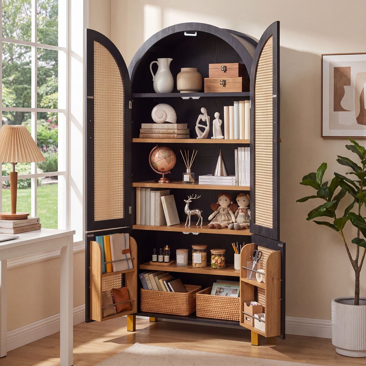 Tall Arched Cabinet With Rattan Doors & Adjustable Shelves