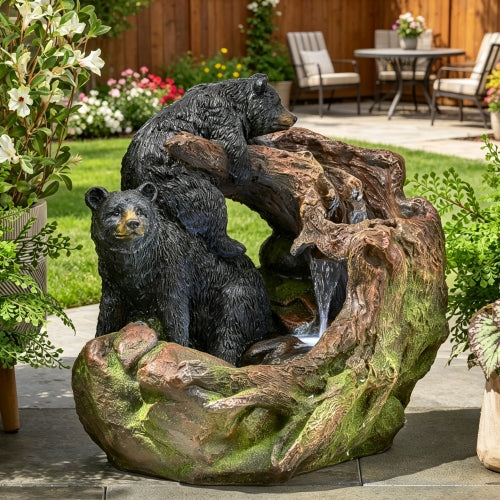 22.0" High DATONA FOUNTAIN Outdoor Weather Resistant Floor Fountain with Light, Light Brown + Black