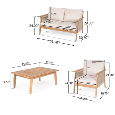 4-Piece Acacia Wood & Rope Patio Sectional Sofa Set
