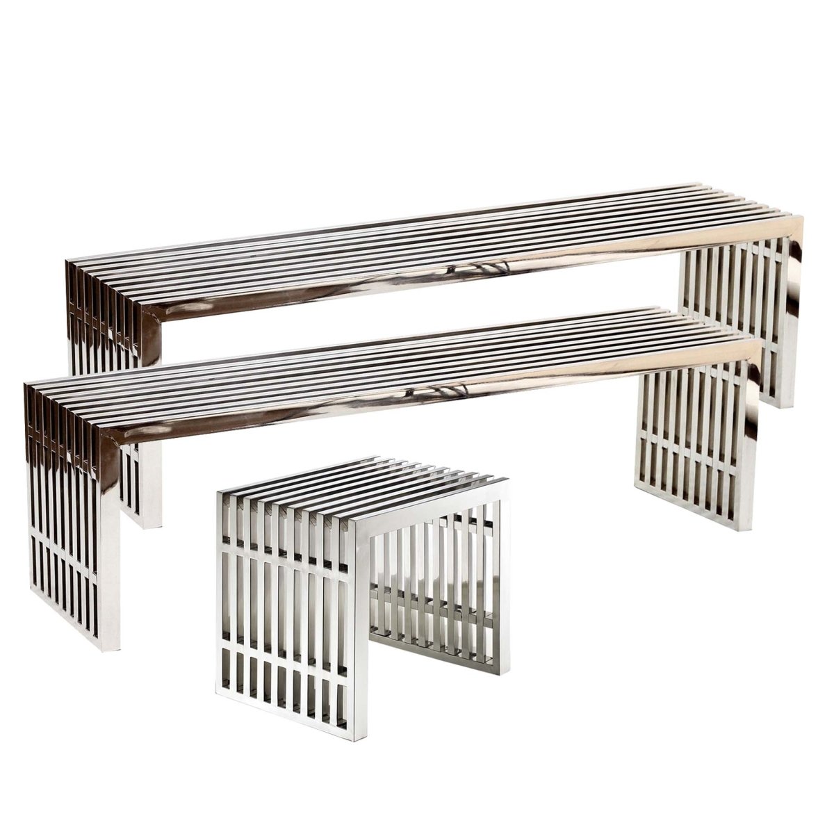Exuberant Stainless Steel Bench Set in Silver - Benches available at Alpine Outlets in Denver