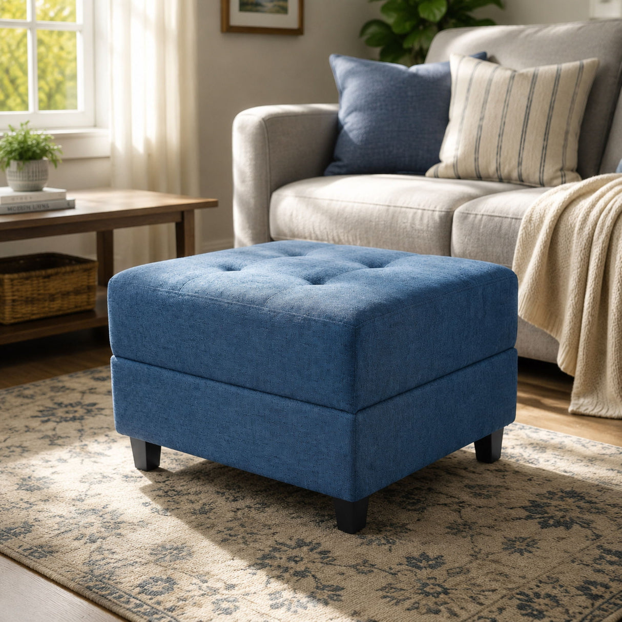 Ottoman, Compact Footrest For Living Room - Navy Blue