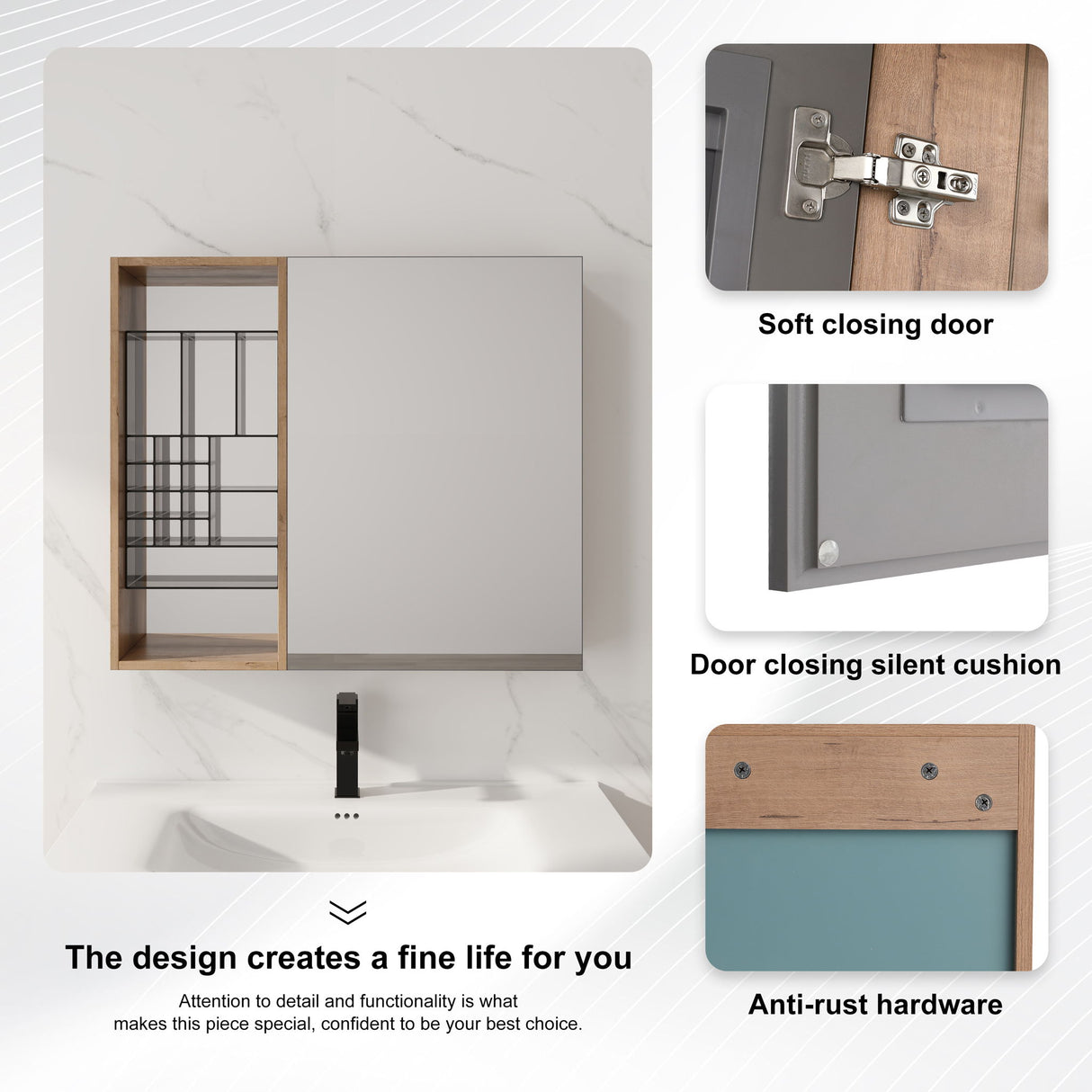 Wall Mounted Bathroom Mirror Cabinet With Adjustable Shelves - Imitative Oak