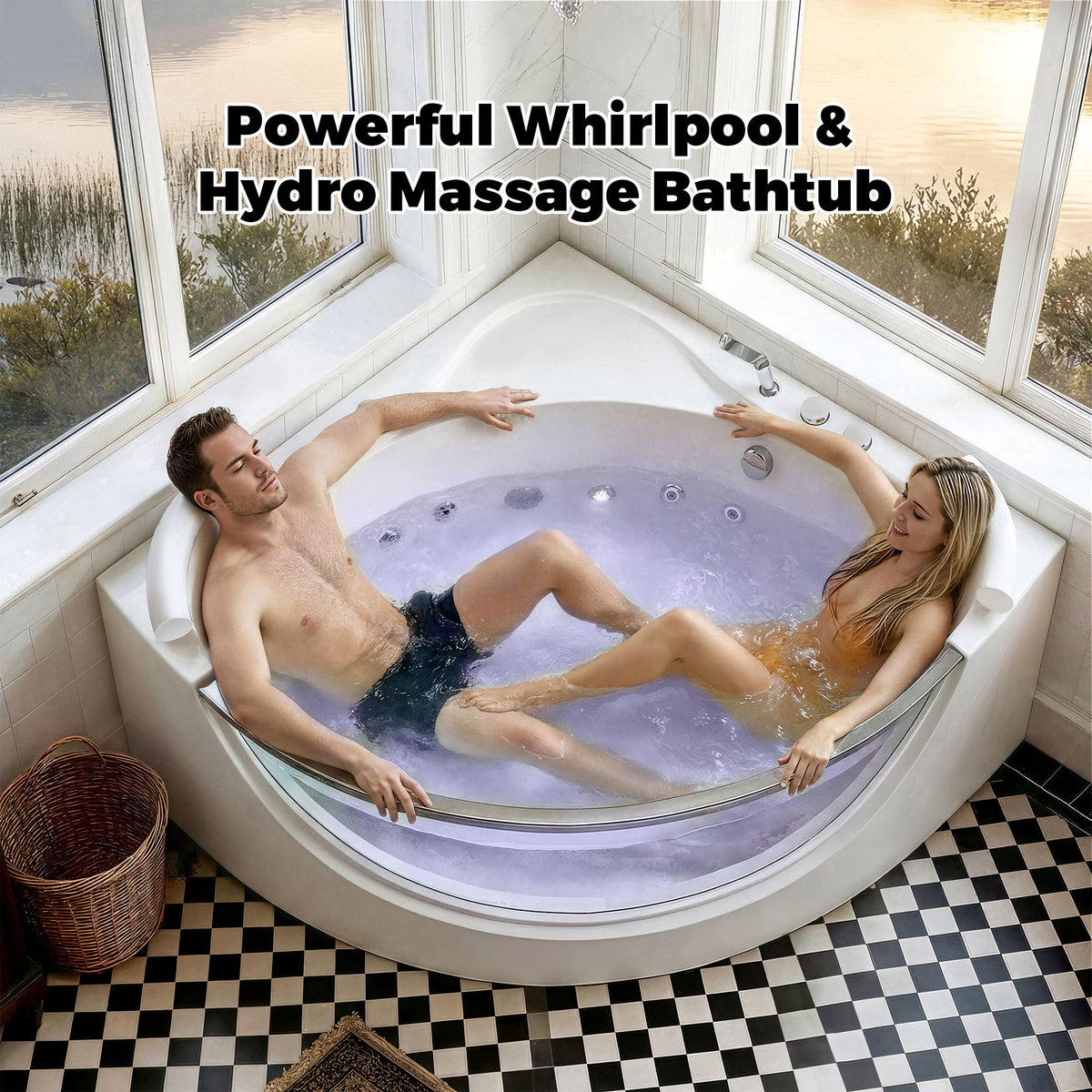 Korra - 2 Person Acrylic Corner Whirlpool Bathtub With Hydro Massage, Rainbow Light, Heater - Milk White