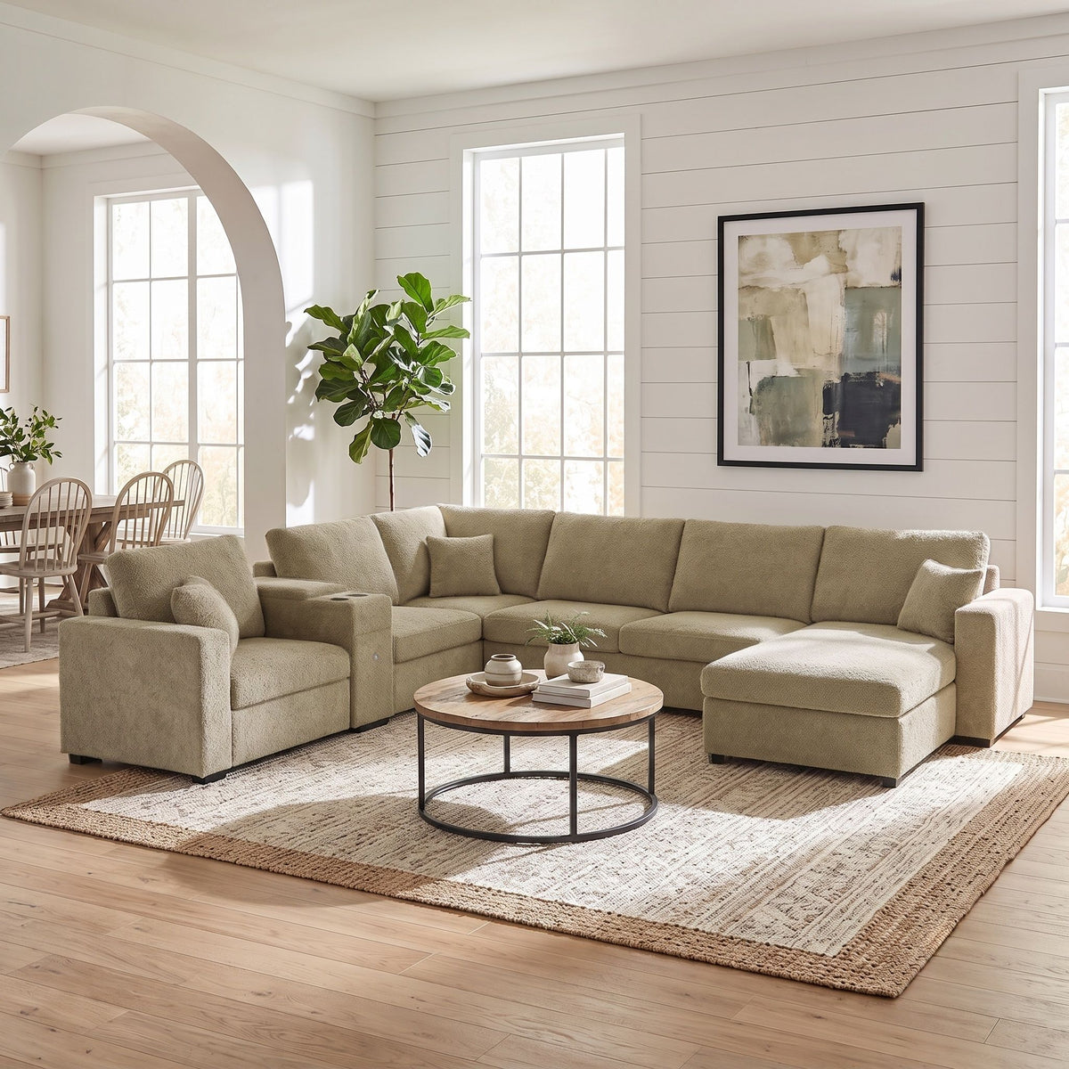 Modular 5 Seat U-Shape Sectional Sofa With Chaise Lounge, Built In Cup Holders And Storage Drawer