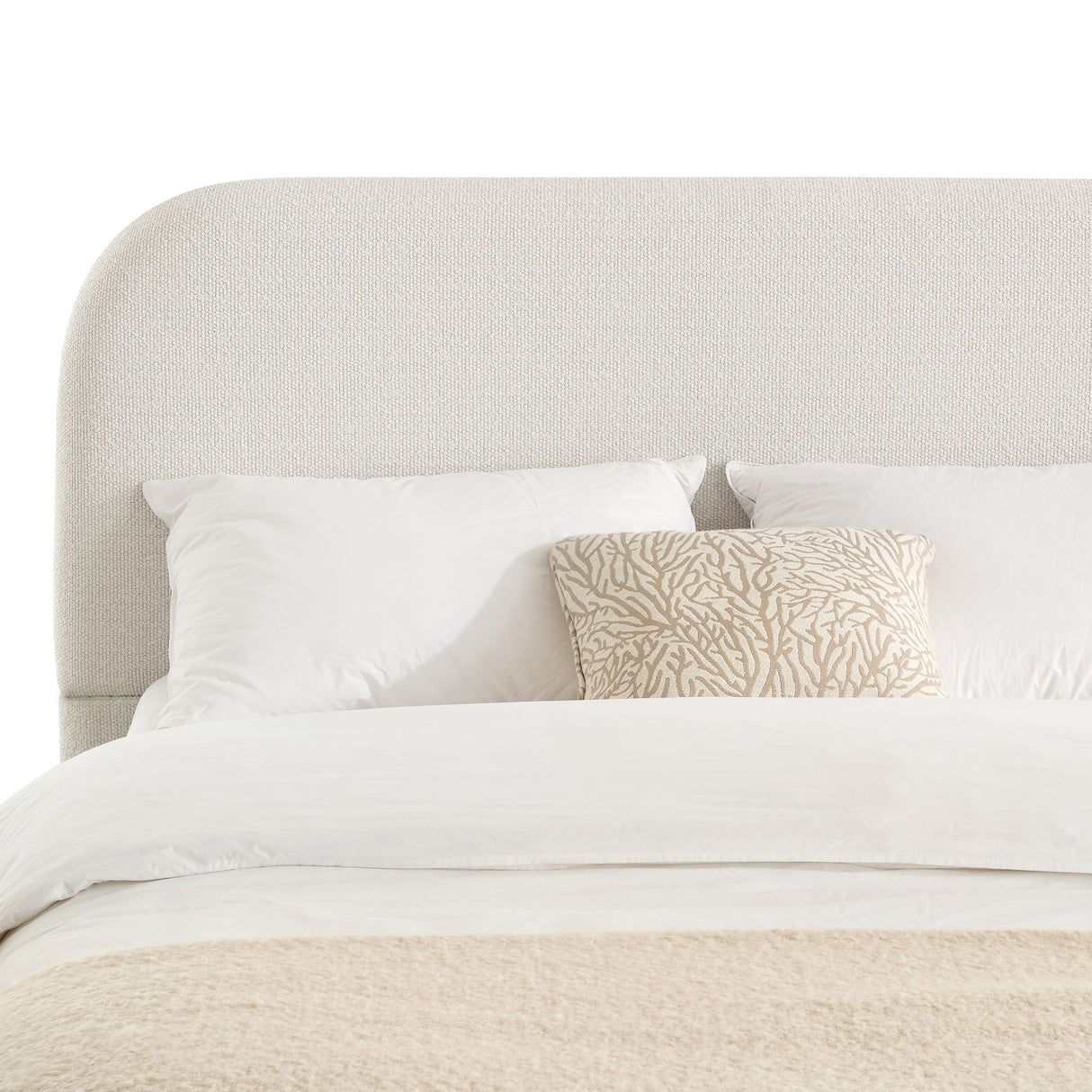 Linton - Queen Size Upholstered Platform Bed - Cream White / Light Grey / Camel Oak