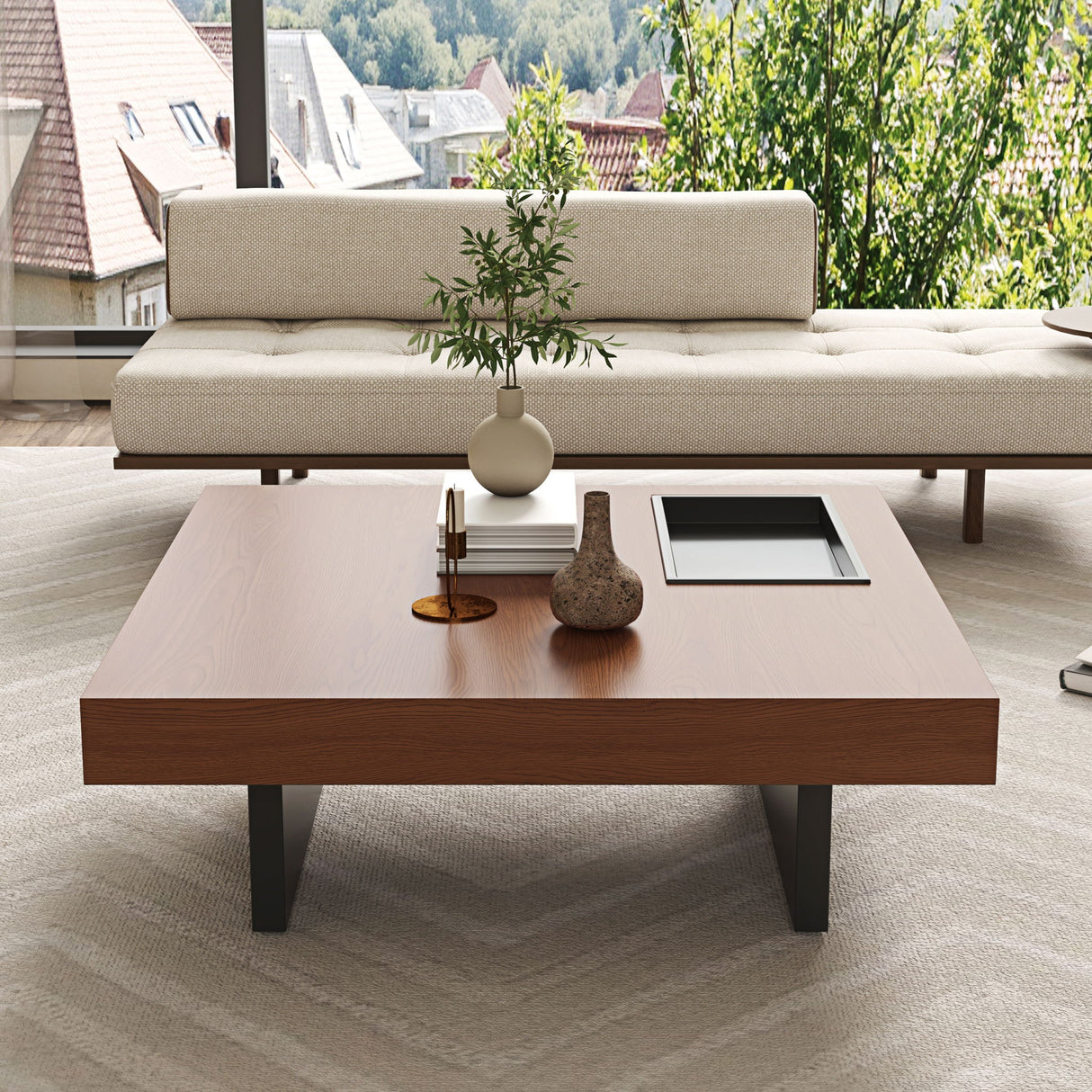 Square Floating Coffee Table For Living Room - Dark Walnut