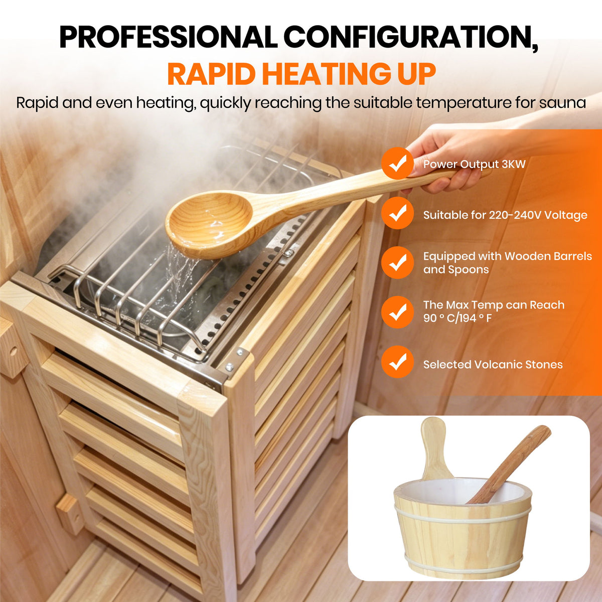 Double Indoor Stove Sauna Room With LED Lighting - Almond
