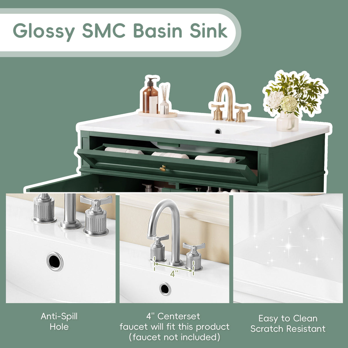 Bathroom Vanity With Sink, Rectangular Storage Cabinet & 2 Drawers And Tip Out Drawer