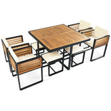 Acacia Wood Patio Dining Set, Cushioned Chairs & Ottomans Square Table
