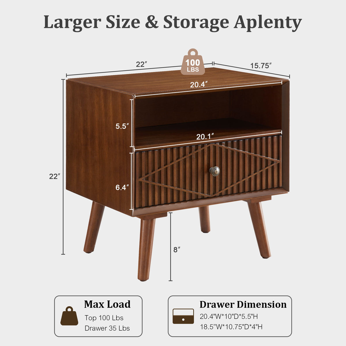 Nightstand With Carved Geometric Drawer Front, 1 Drawer And Open Shelf, Bedside Table For Bedroom - Walnut