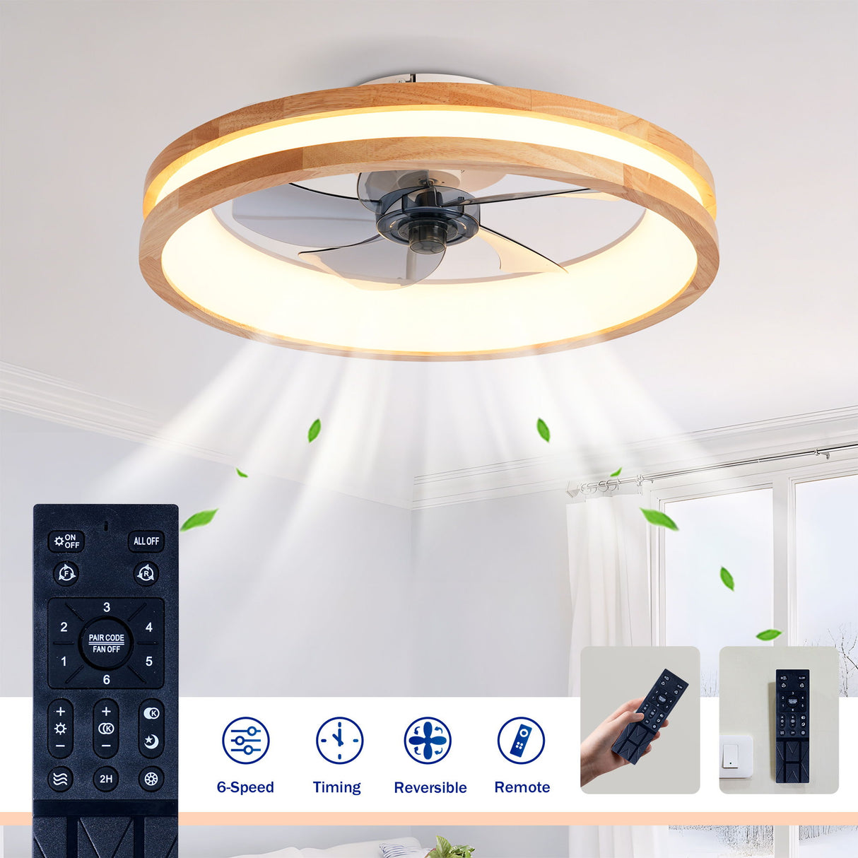 Ceiling Fans With LED Light Source And Remote Control, 3000 - 6500K Dimmable, 6 Speeds, Quiet DC Motor For Living Room - Natural Wood / White