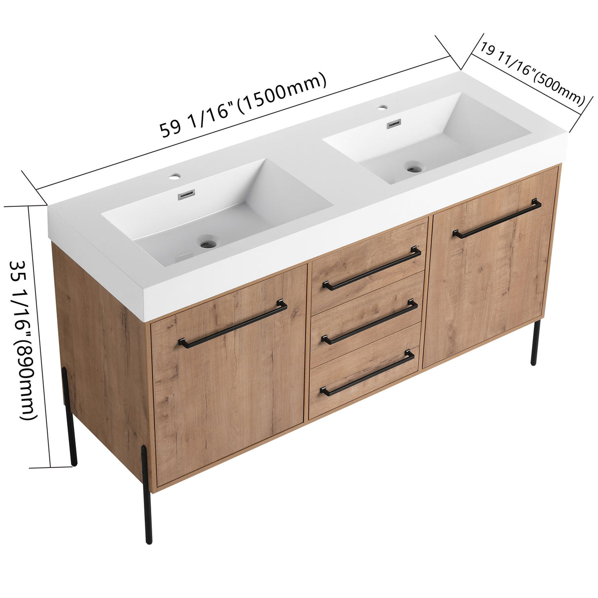 60" Freestanding Bathroom Vanity With Double Sink, Soft Close Doors, 3 Drawers - Imitative Oak