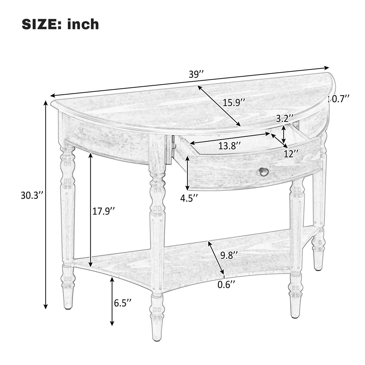 Half Moon Console Table With Drawer & Shelf Accent Table For Entryway - Black
