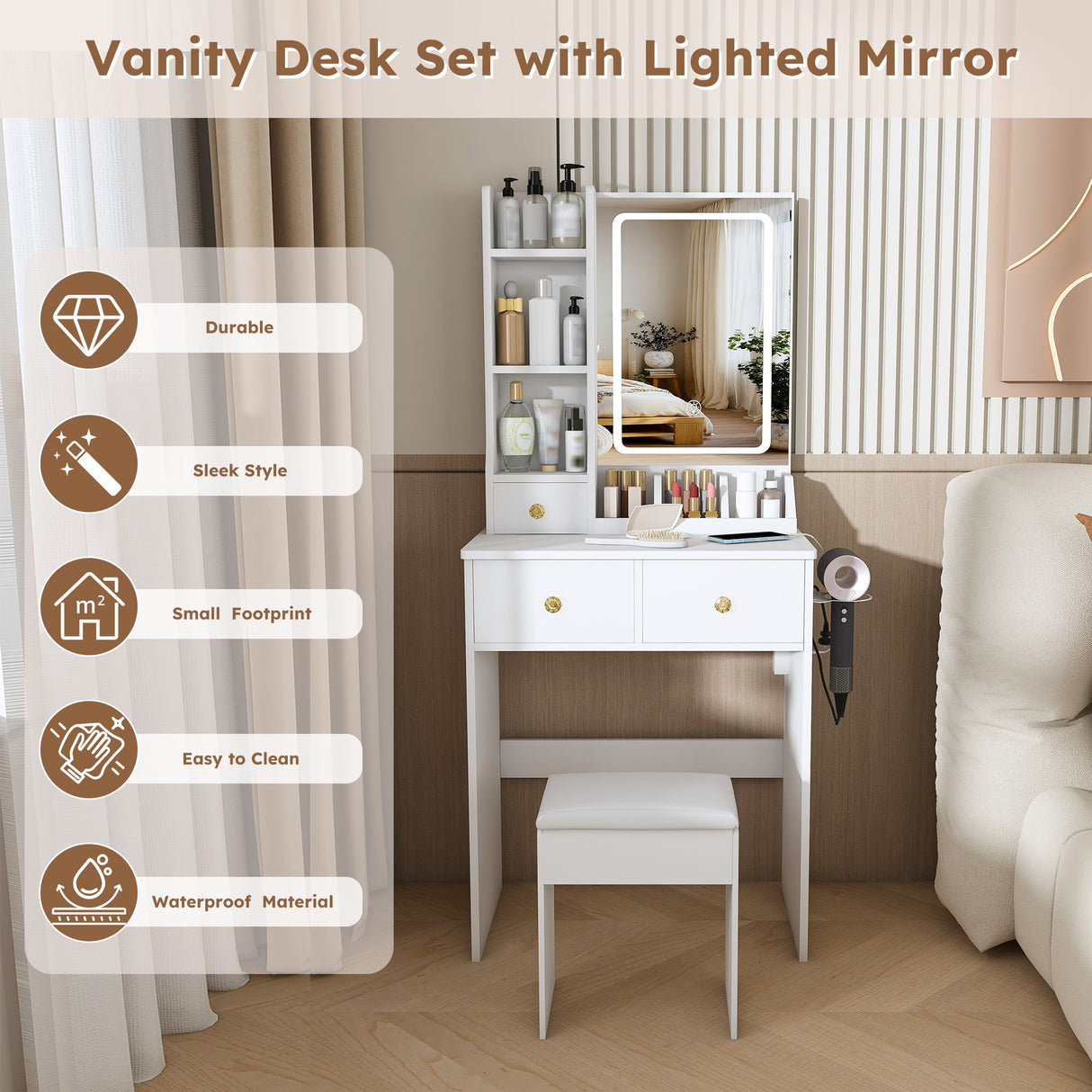 Modern Small Vanity Desk With 3 LED Lighting Modes, 3 Drawers