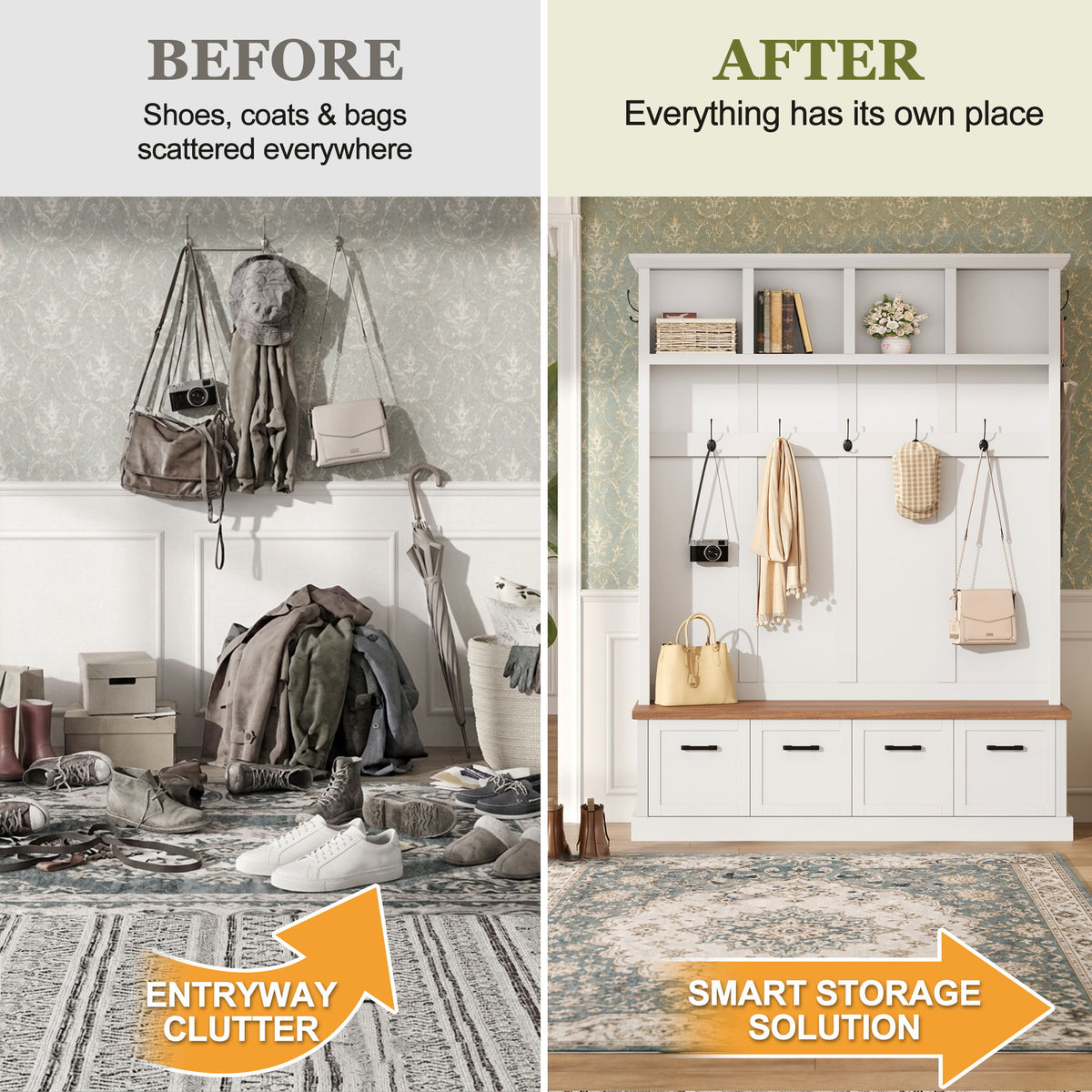 Hall Tree With Storage Bench Mudroom Coat Rack With 6 Hooks