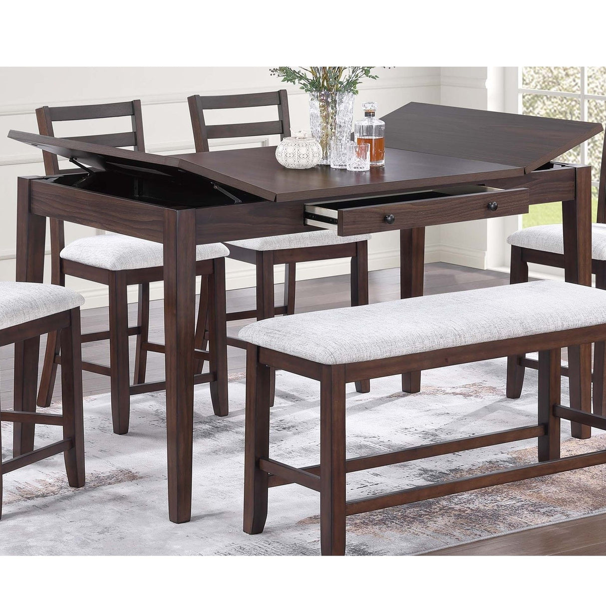 6 Piece Counter Height Dining Set Table With Storage Ladder Back Chairs And Bench - Walnut