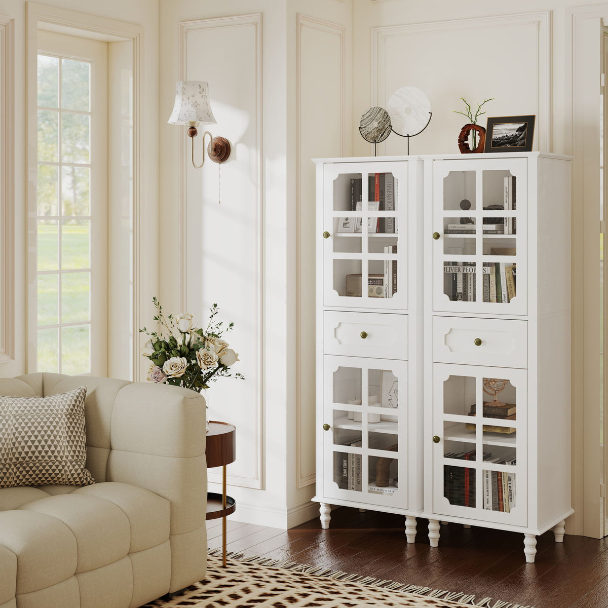 Storage Cabinet, Freestanding Curio Cabinet With Grid Doors & Drawer, Pantry Display Cabinet For Kitchen