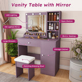 Vanity Desk Set With Padded Stool And Adjustable LED Mirror, 3 Color Light Modes - Purple