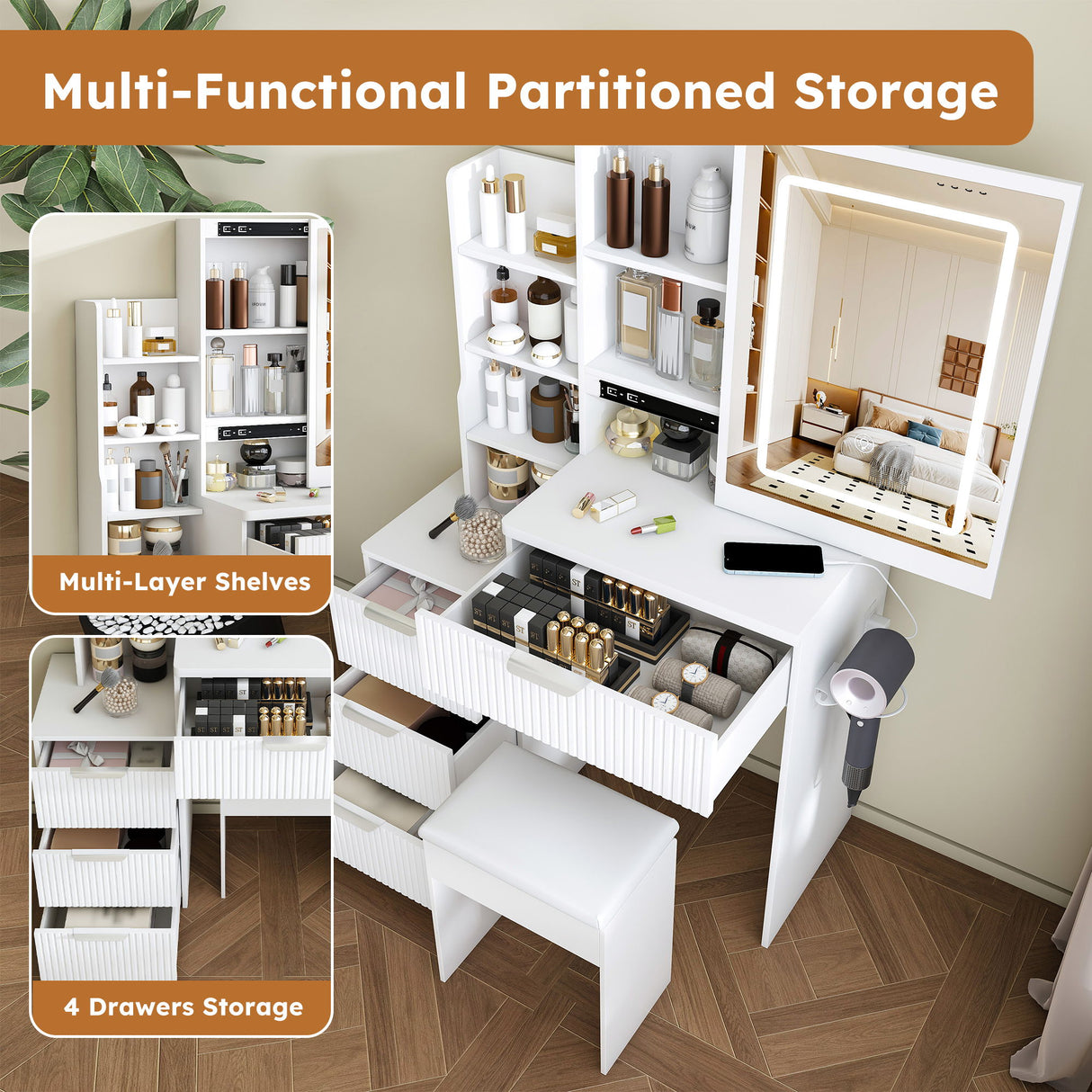 Modern Vanity Desk With 3 LED Lighting Modes, 4 Drawers