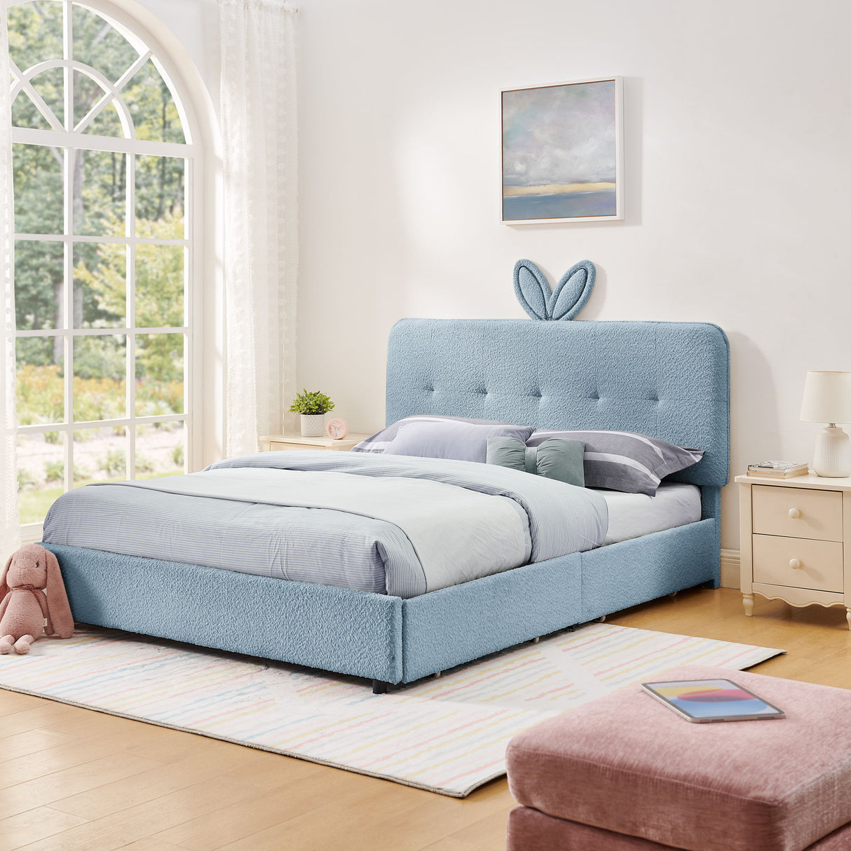 Upholstered Bed With Oversized Rabbit Ear Headboard, LED Lights & 4 Storage Drawers