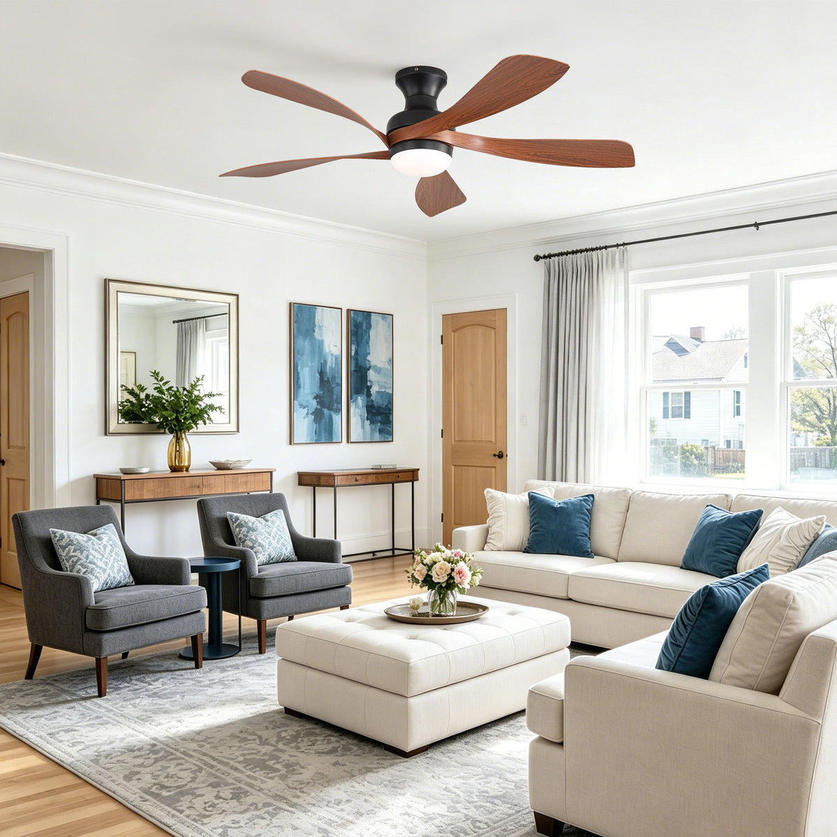 52" Ceiling Fan With 3 Color Dimmable LED Light, DC Reversible Motor, 6 Speed Settings