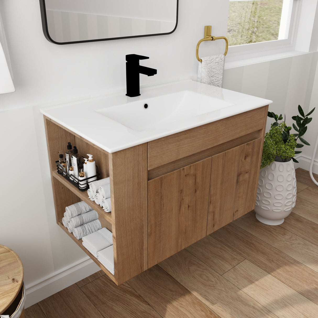 Wall Mounted Bathroom Vanity With Basin And Adjustable Open Shelf