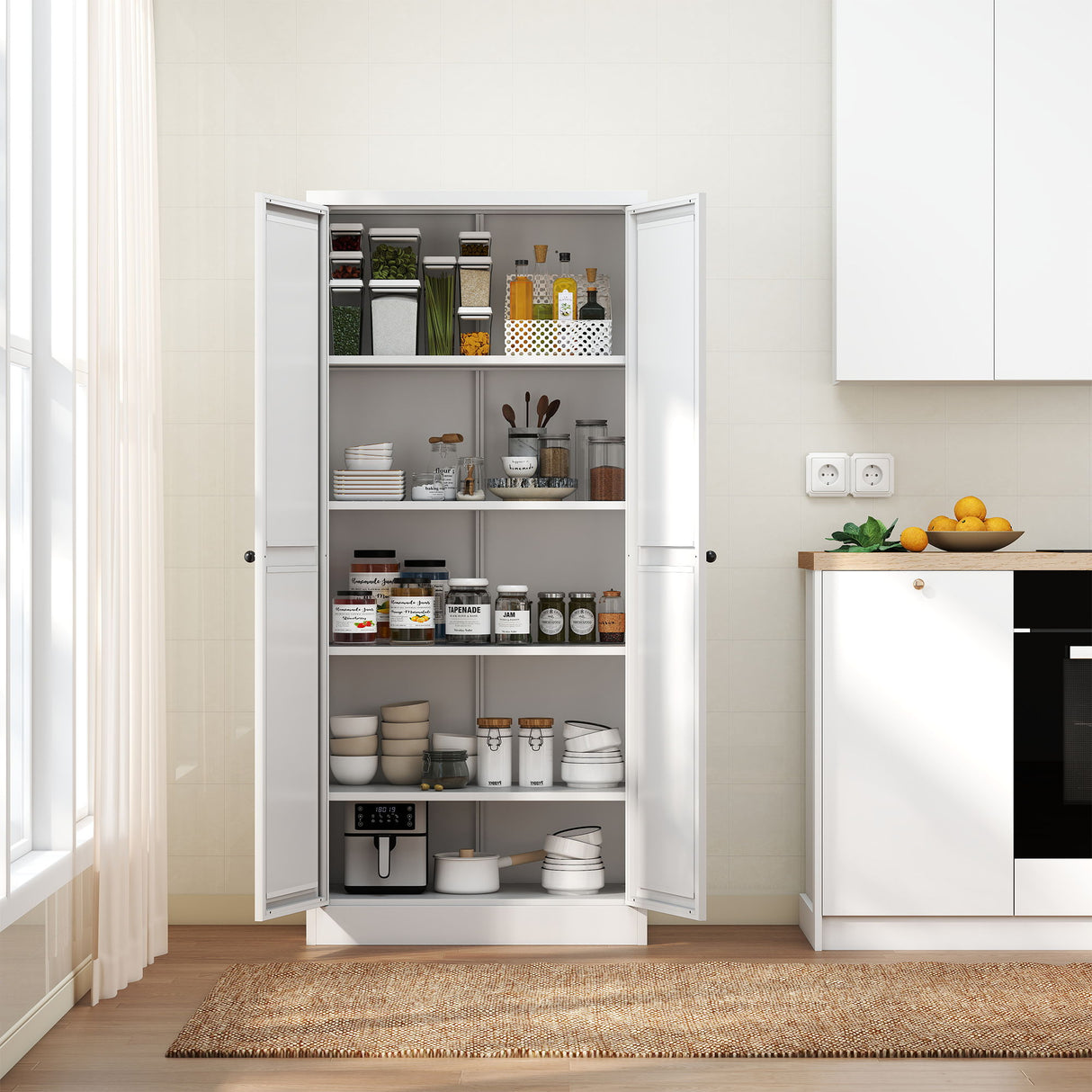 Kitchen Pantry Cabinet Adjustable Storage With 4 Shelves, Heavy Duty Freestanding Pantry Organizer - White