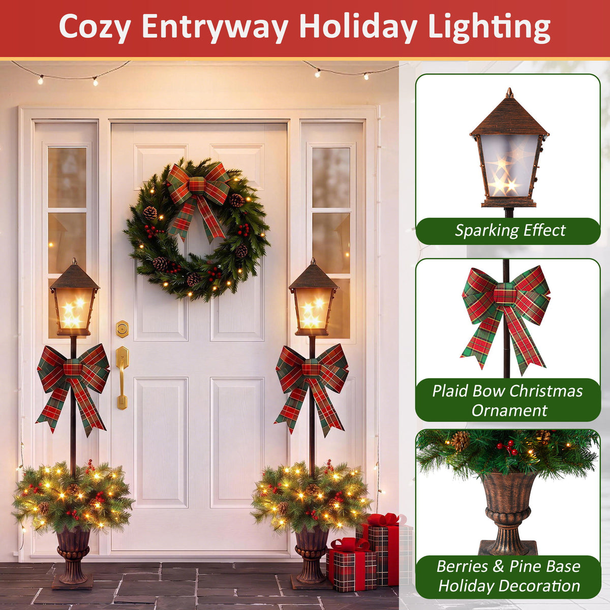 Christmas Lamp Post Decor With Plaid Bow, Artificial Outdoor Holiday Decor (Set of 2) - Brown / Bronze / Green