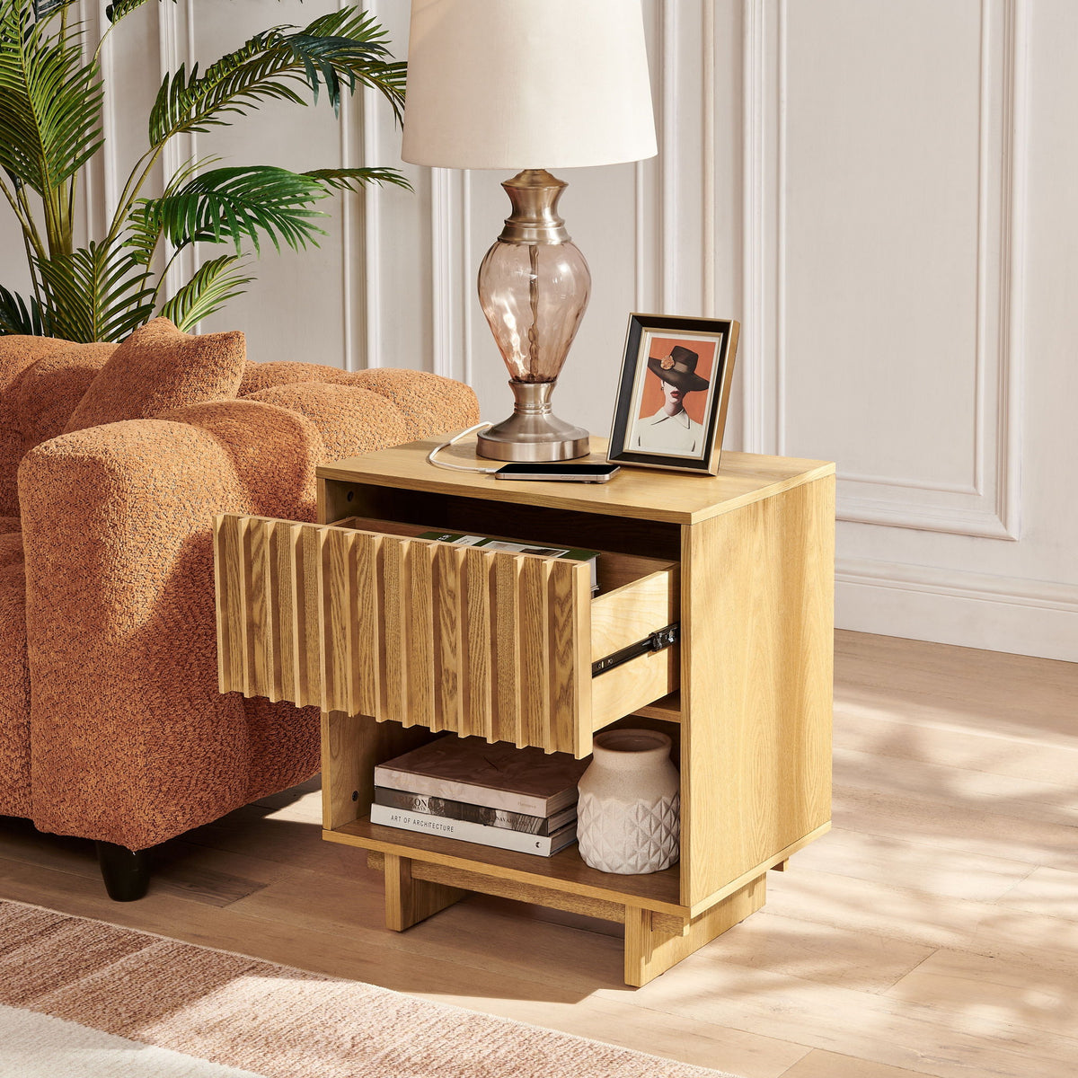 Nightstand With Hidden Charging Station USB Ports & Outlet Hole