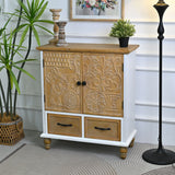 Accent Flower Carved Door Sideboard Cabinet With 2 Drawers For Kitchen - Natural Wood Wash / White