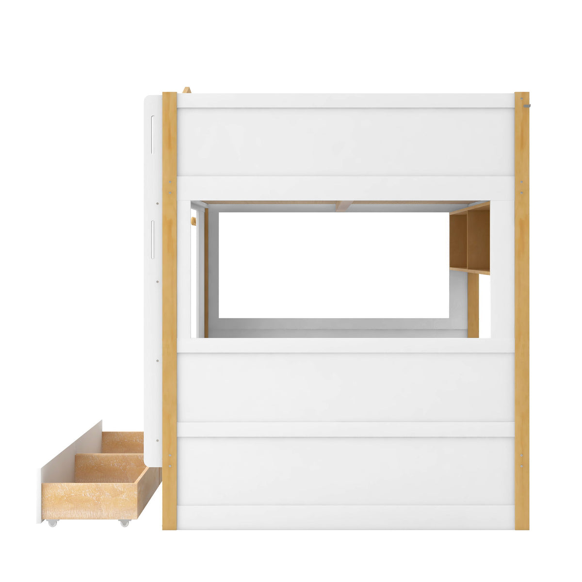 Bunk Bed With House Shaped Guardrails, Storage Shelves, And Trundle