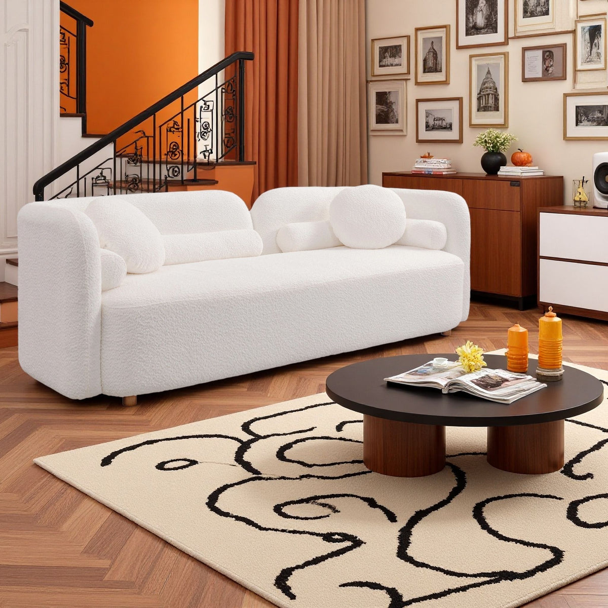 3 Seater Sofa Couch With Throw Pillows For Living Room - White