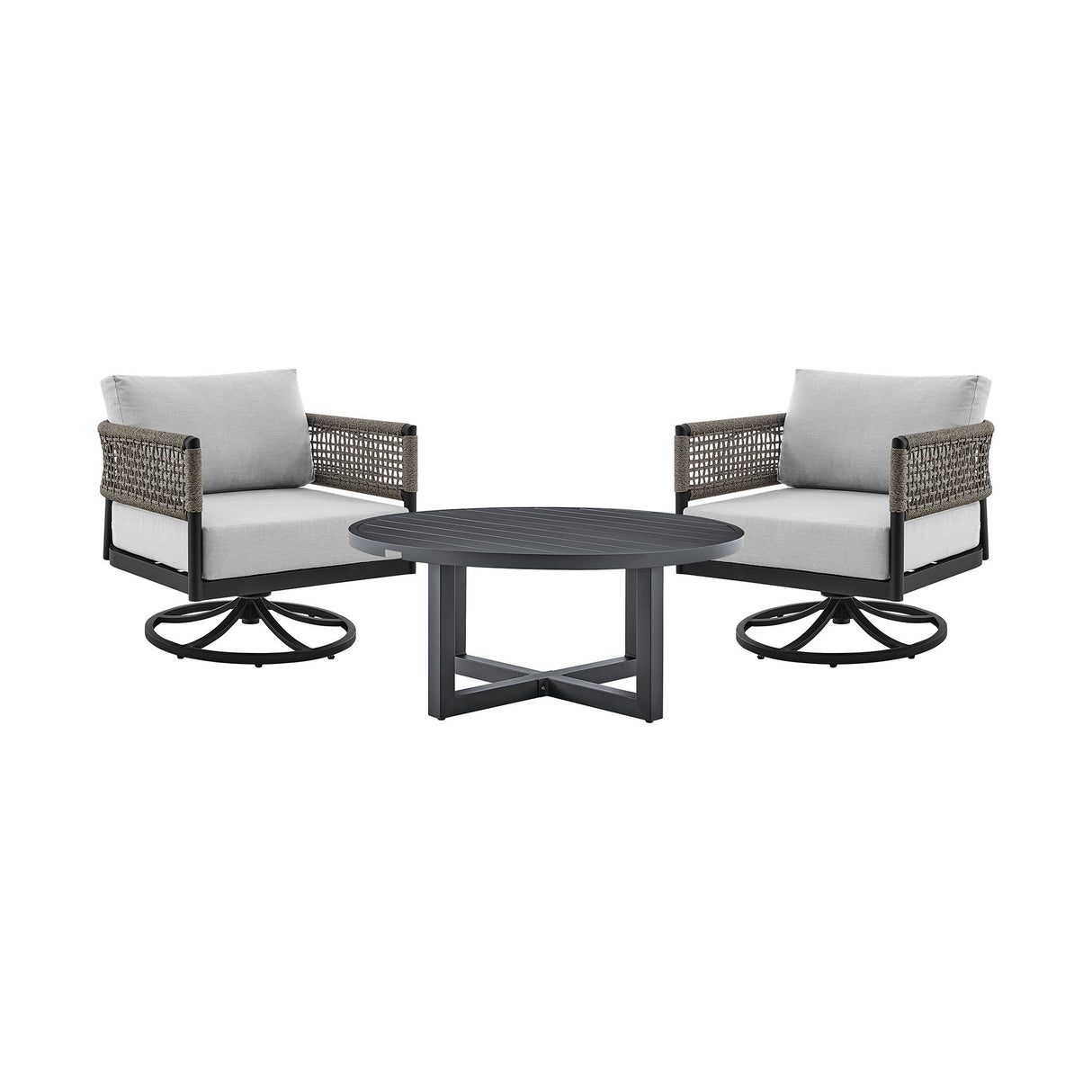 Felicia - And Argiope 3 Piece Patio Outdoor Swivel Seating Set - Black Aluminum With Gray Rope And Cushions