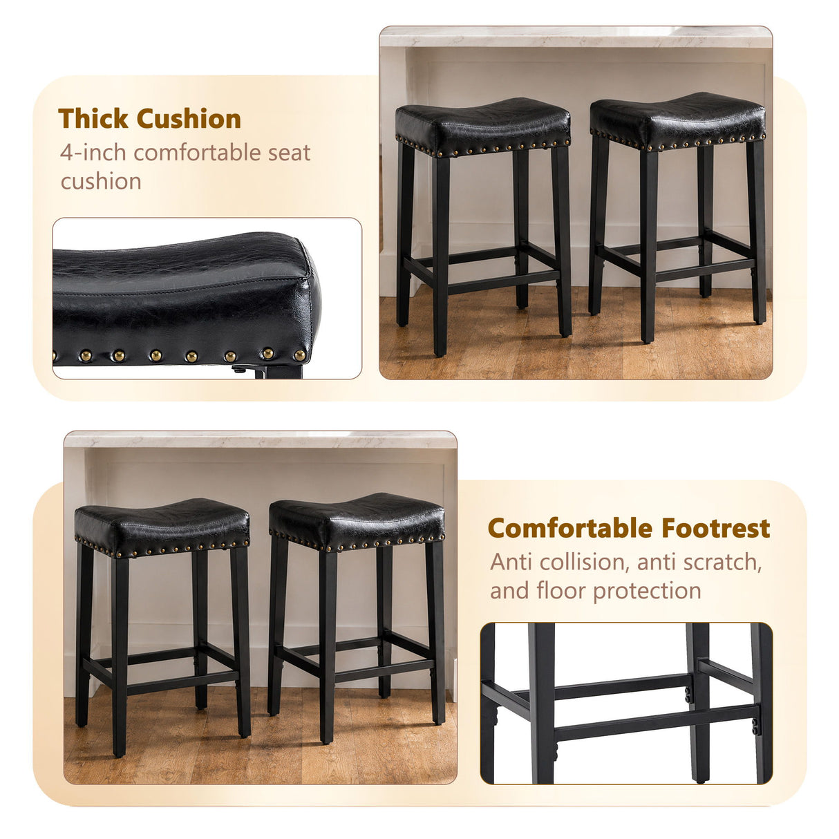 Bar Stool With Brass Nailhead Trim (Set of 2) - Black