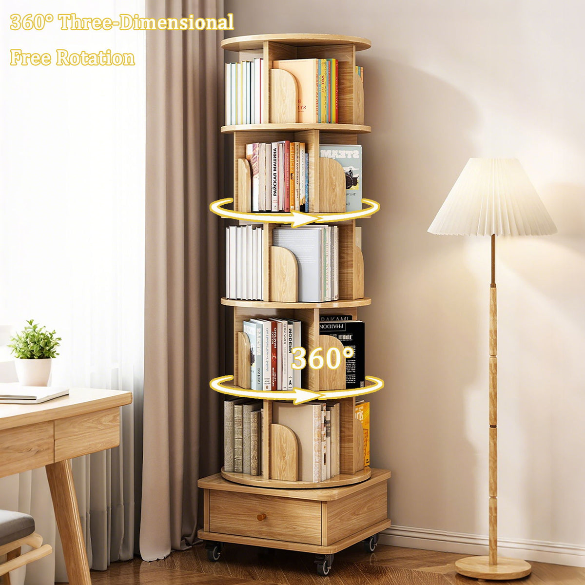 6 Tier Rotating Bookshelf With Wheels And Drawer, 360° Spinning Design, Space Saving Storage, For Home - Wood
