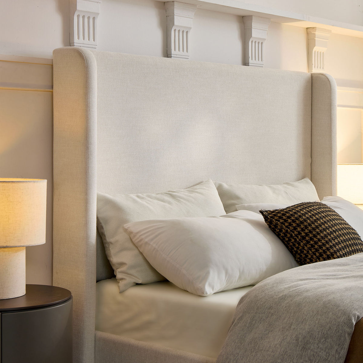 Caron - King Size Upholstered Wingback Bed With High Headboard - Ivory
