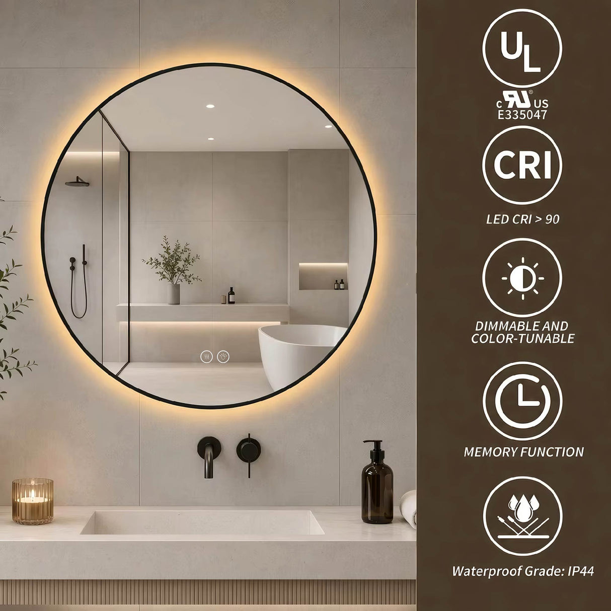 Round Framed Dimmable ED Bathroom Mirror With Anti Fog