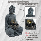 28" Height Zen-Style 2-Tier Meditating Buddha Water Fountain with Pump & LED Light, Outdoor Waterfall & Buddha Statue for Garden, Patio & Backyard