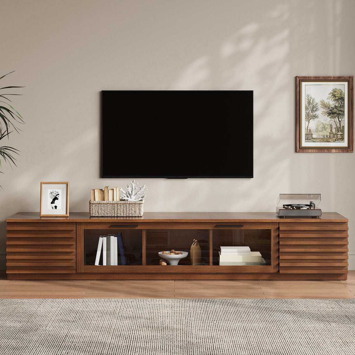 TV Stand With LED Lighting, Soft Closing Hinges, Cable Management - Walnut