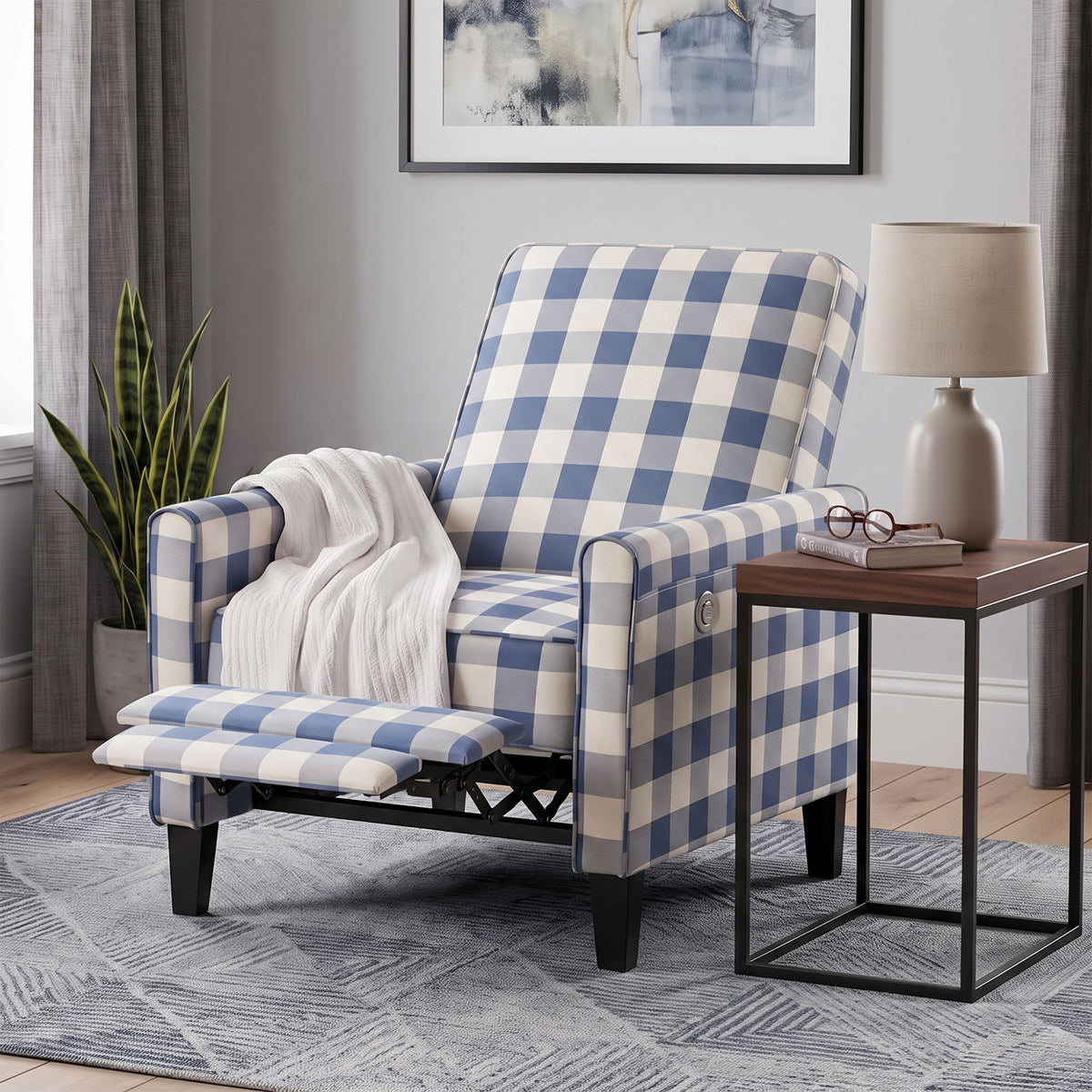 Buffalo Plaid Push Back Recliner Chair For Living Room - Blue / White