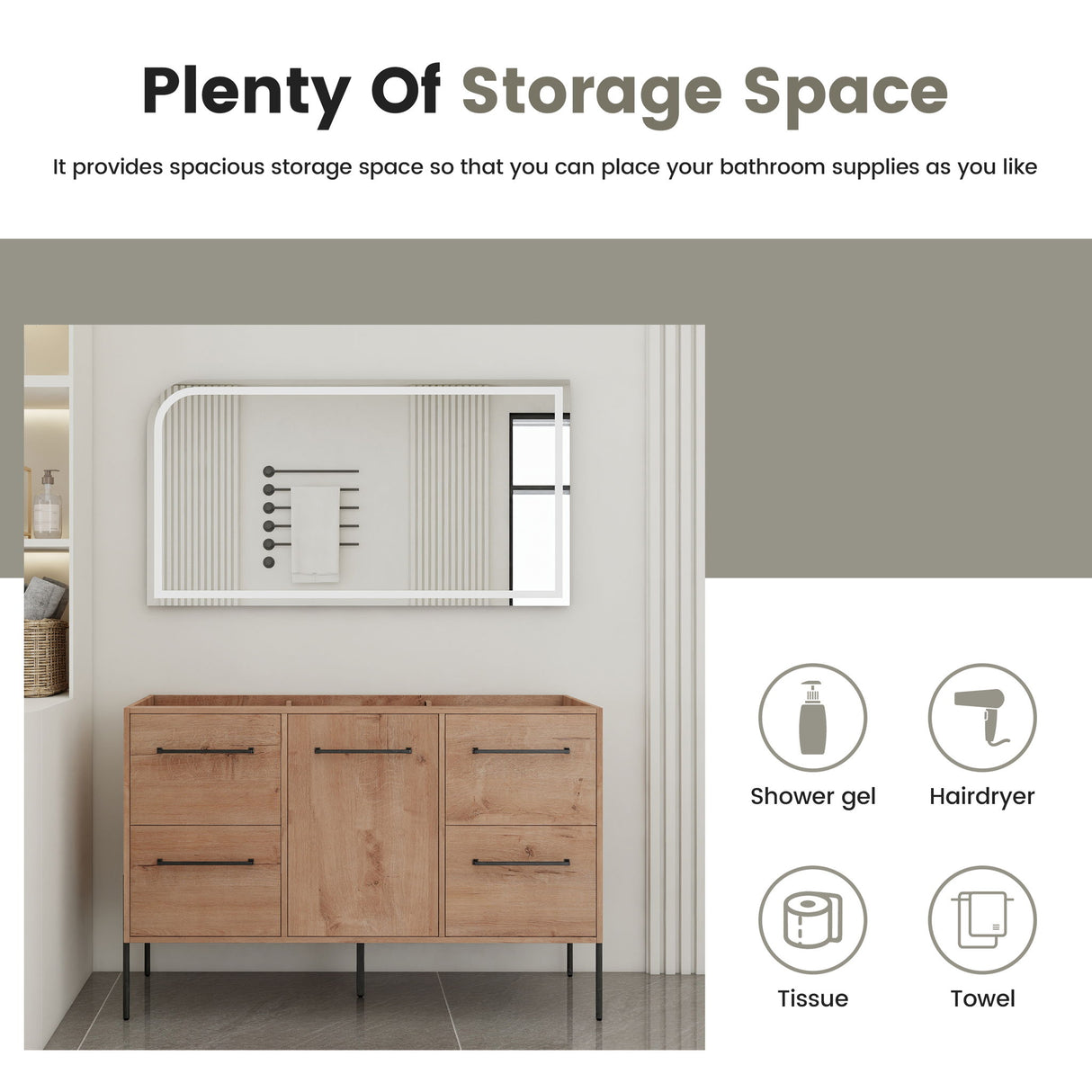 46" Freestanding Bathroom Vanity With Soft Close Doors And 4 Drawers, (Vanity Only) - Imitative Oak