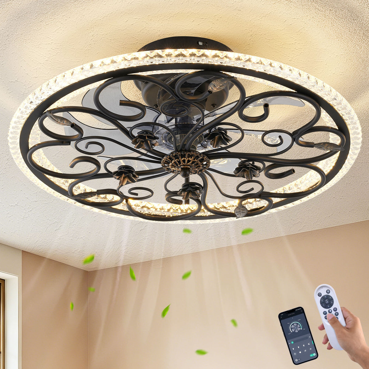 Flower Caged Ceiling Fan With LED Light And Remote Control - Matte Black